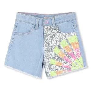 Blue Denim Half Sequined Pattern Shorts