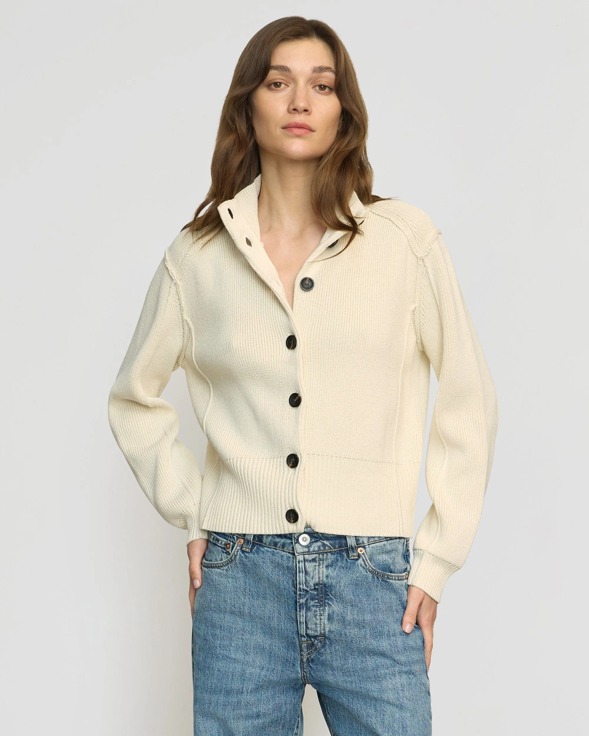 Clove Button Mock-Neck Knit Cardigan