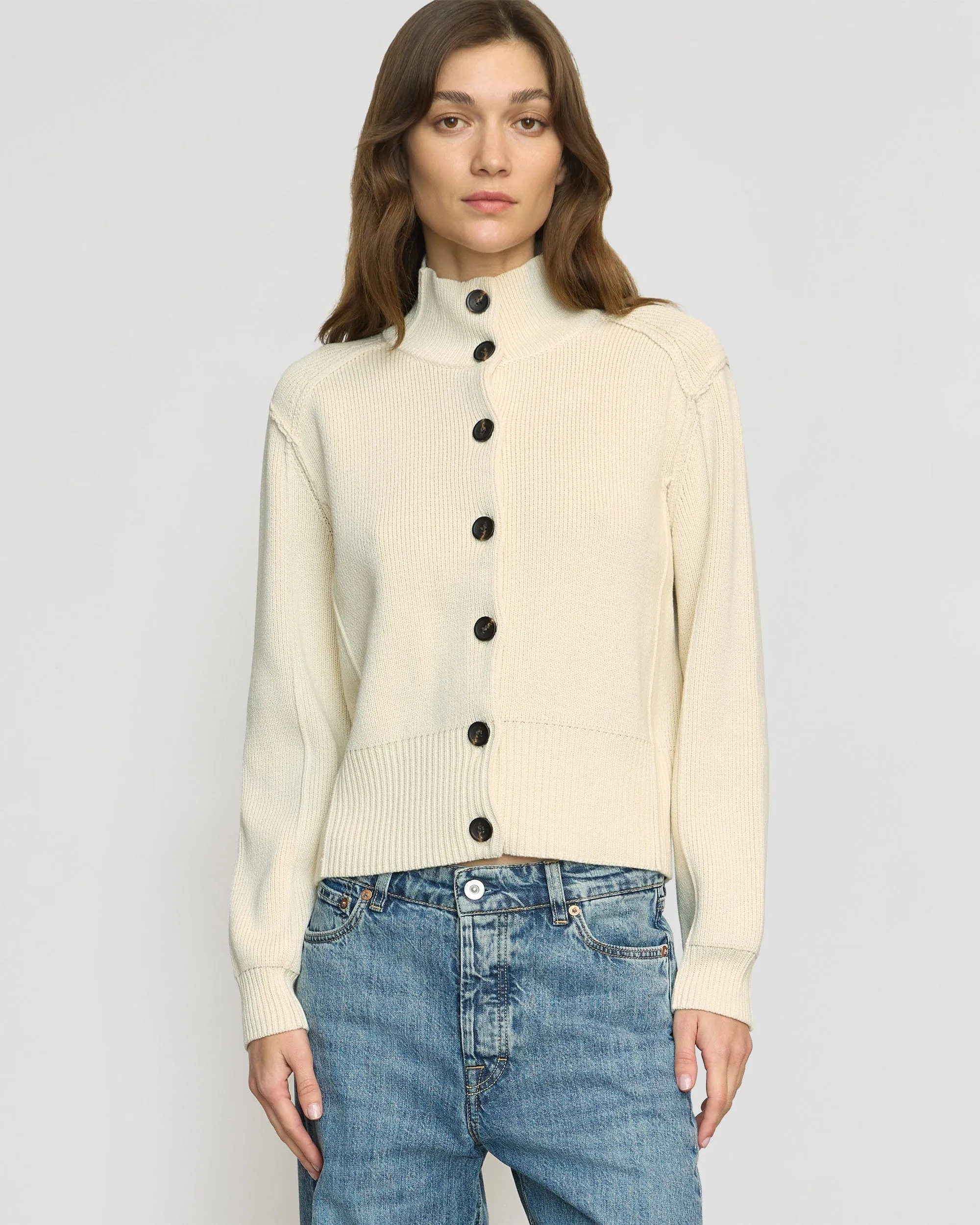 Clove Button Mock-Neck Knit Cardigan