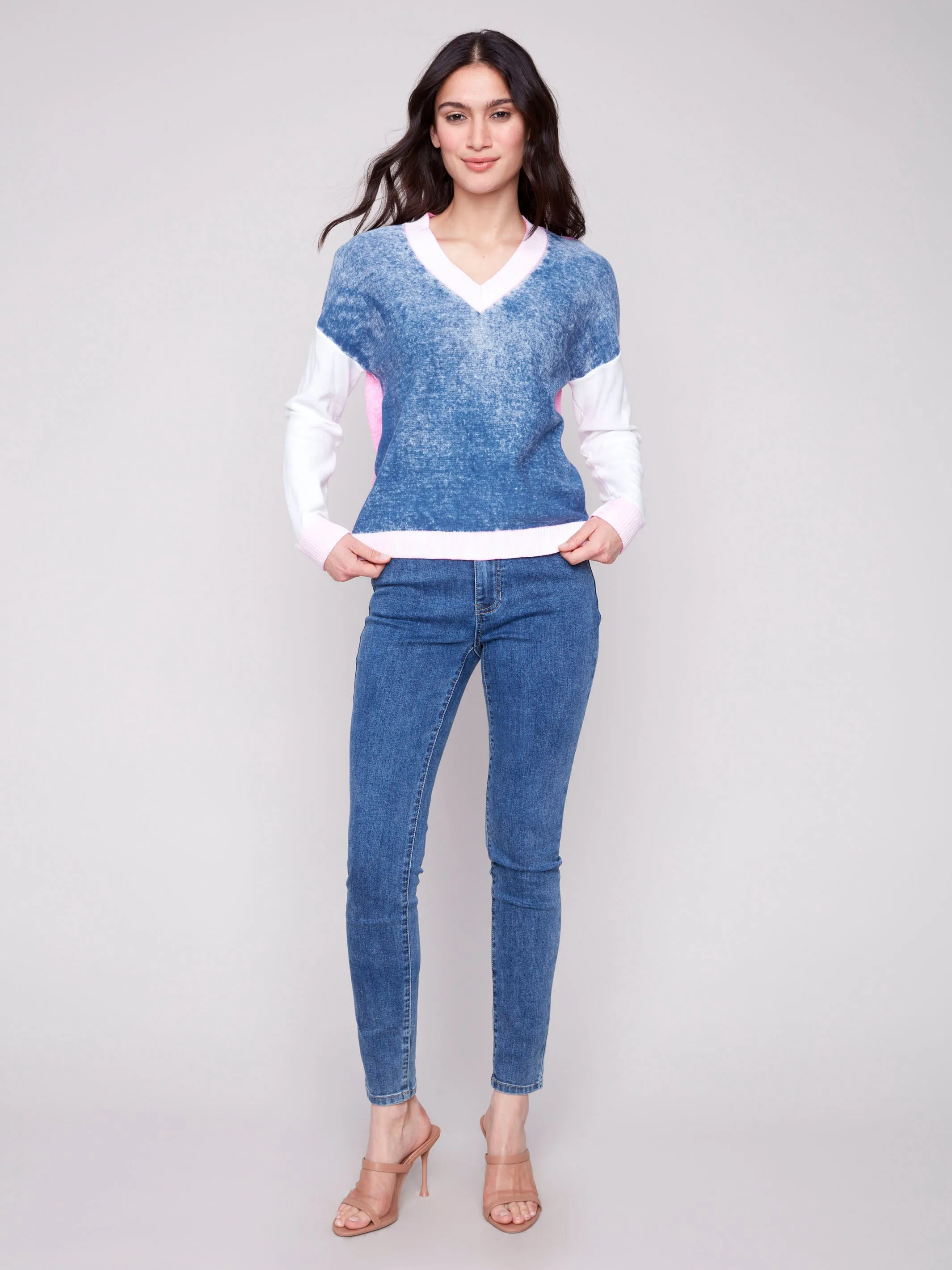 Color Block V-Neck Sweater - Denim