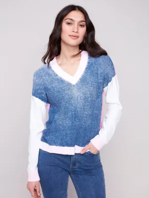 Color Block V-Neck Sweater - Denim