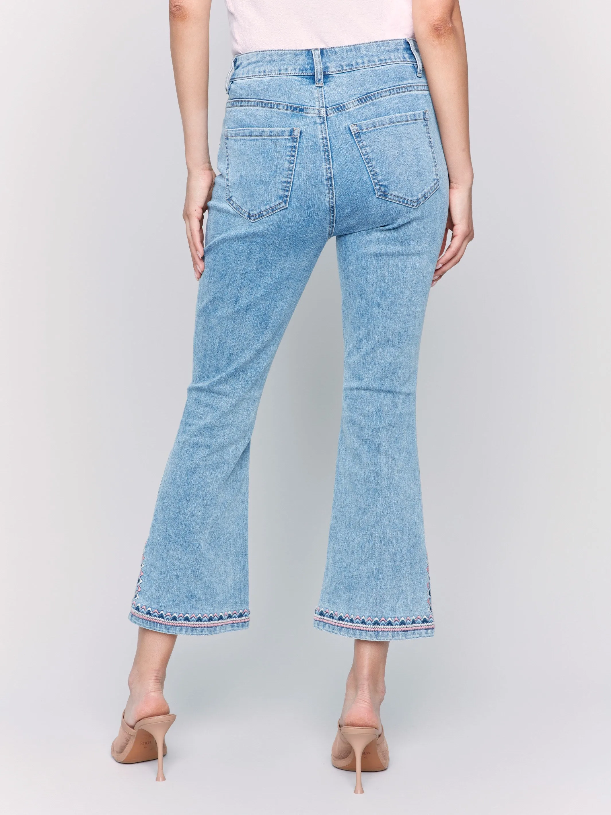 Cropped Bootcut Jeans with Embroidered Side Slit - Light Blue