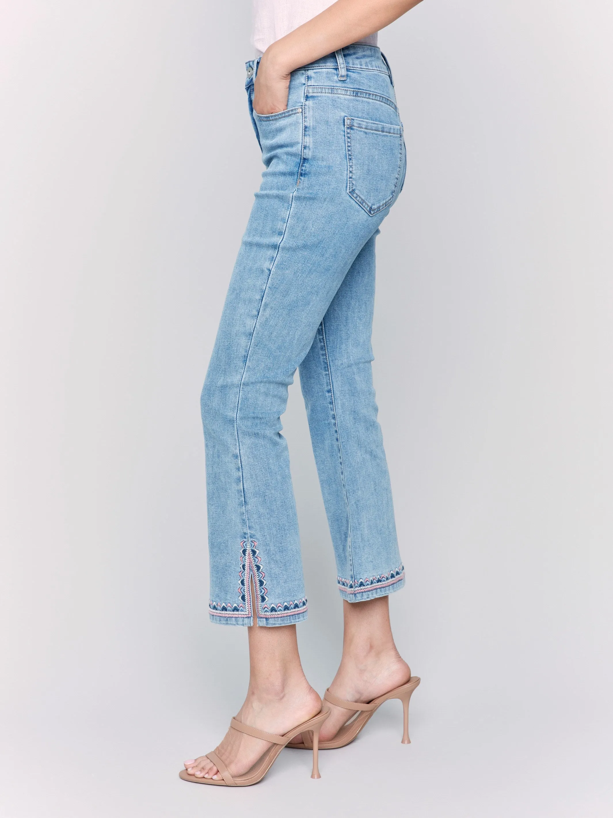 Cropped Bootcut Jeans with Embroidered Side Slit - Light Blue