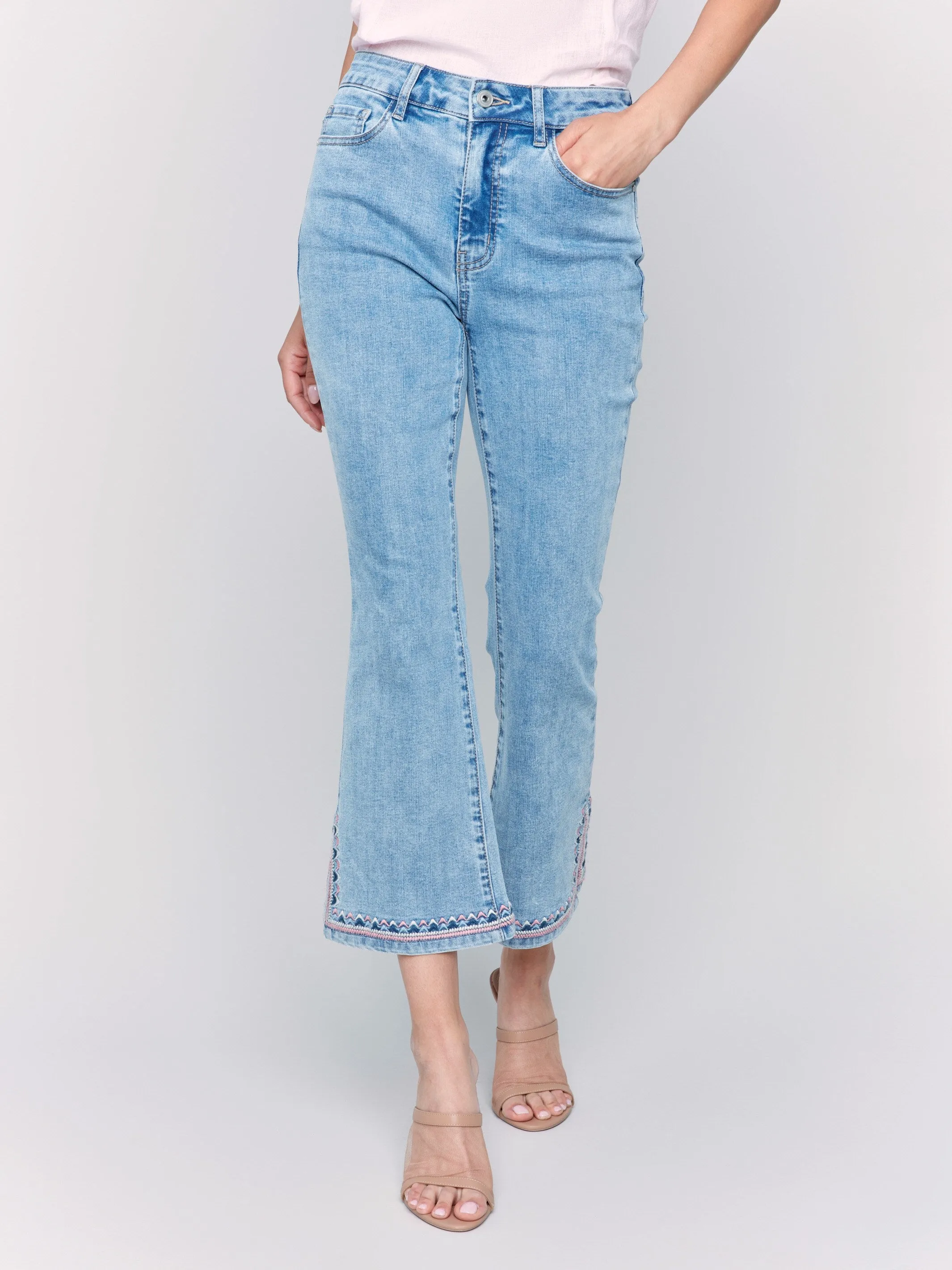 Cropped Bootcut Jeans with Embroidered Side Slit - Light Blue