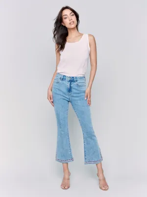 Cropped Bootcut Jeans with Embroidered Side Slit - Light Blue