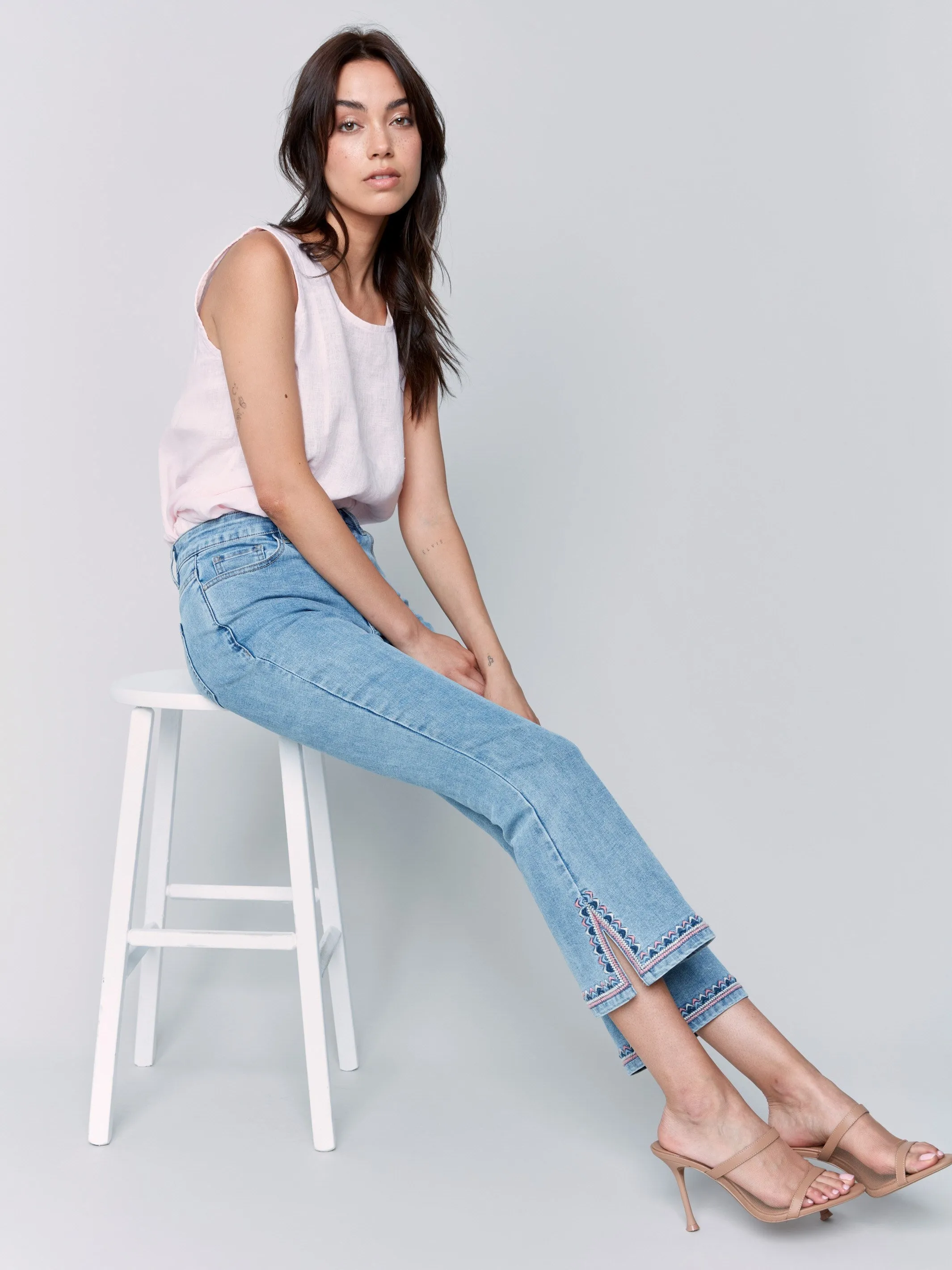 Cropped Bootcut Jeans with Embroidered Side Slit - Light Blue