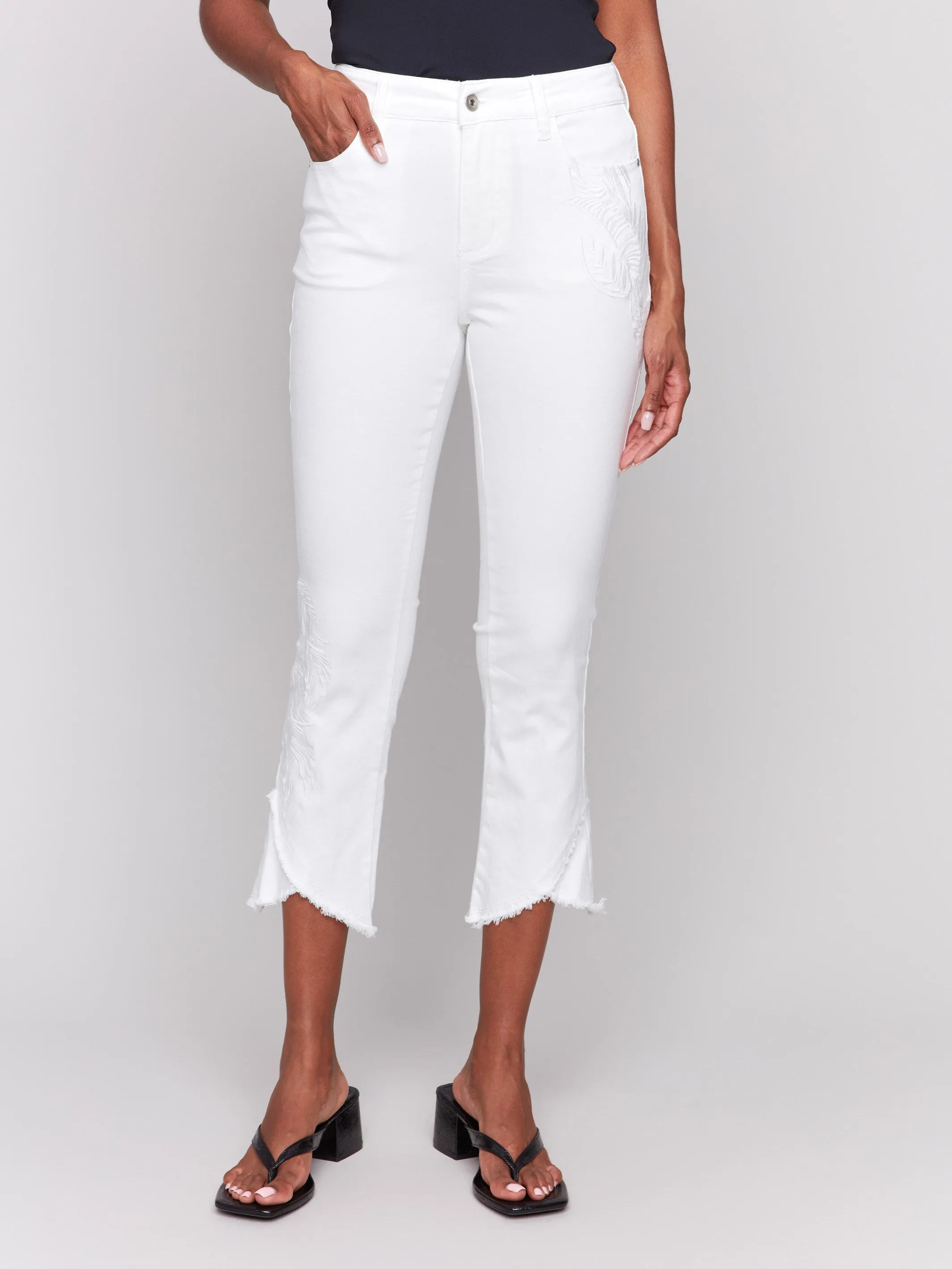 Embroidered Bootcut Twill Pants with Tulip Hem - White