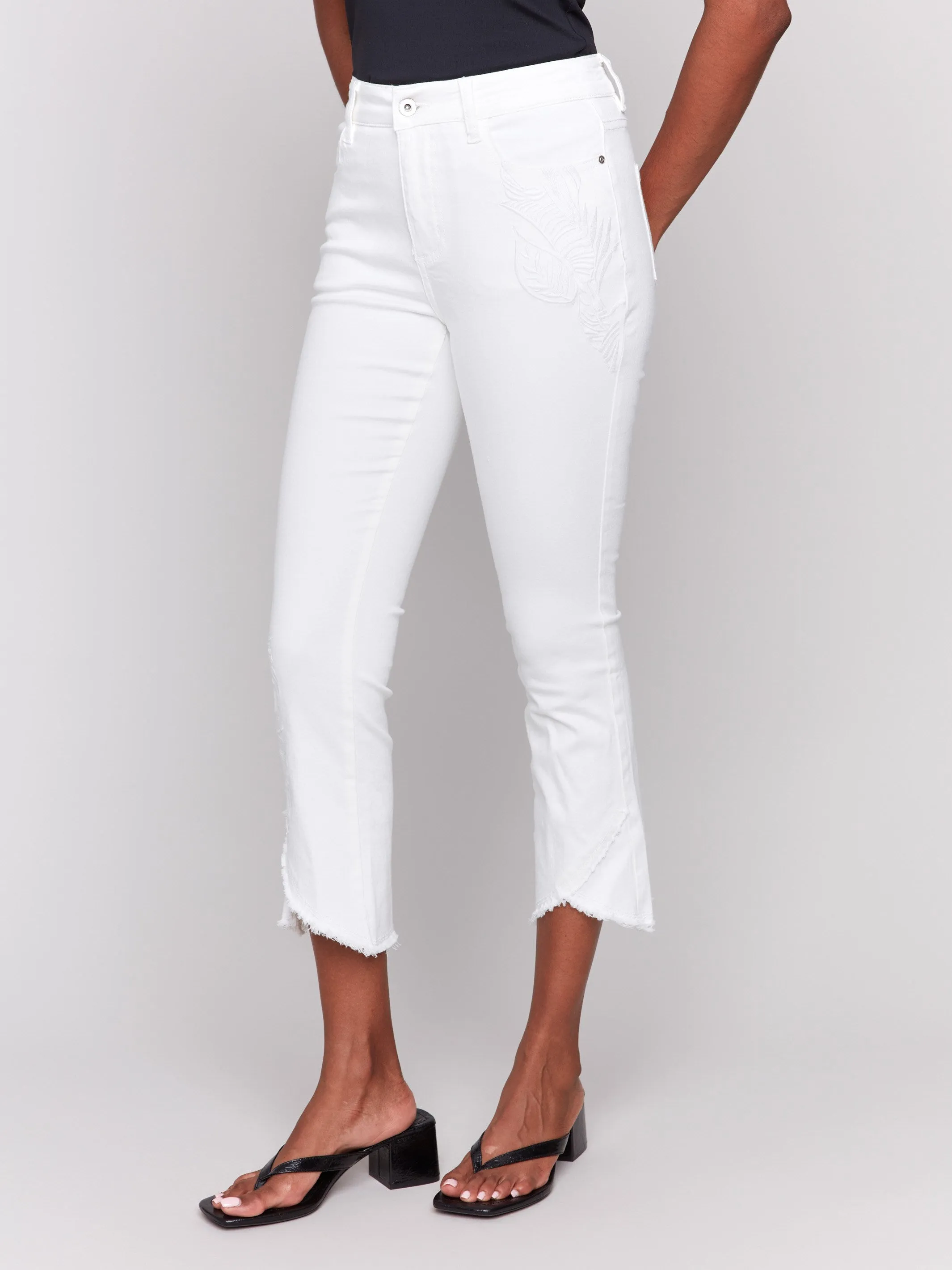 Embroidered Bootcut Twill Pants with Tulip Hem - White