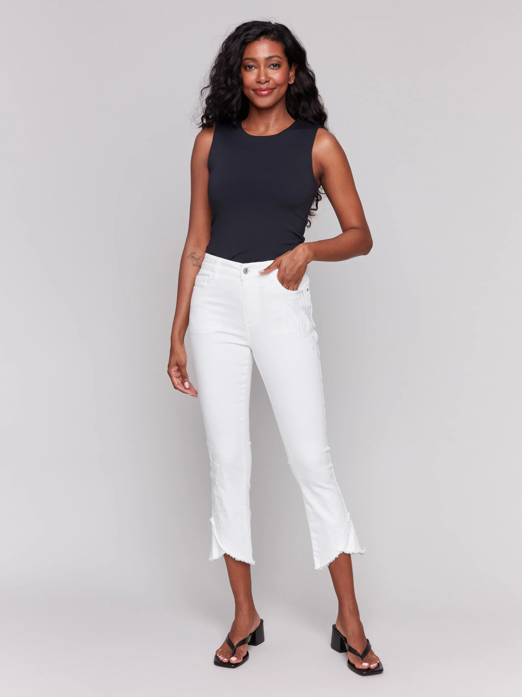 Embroidered Bootcut Twill Pants with Tulip Hem - White