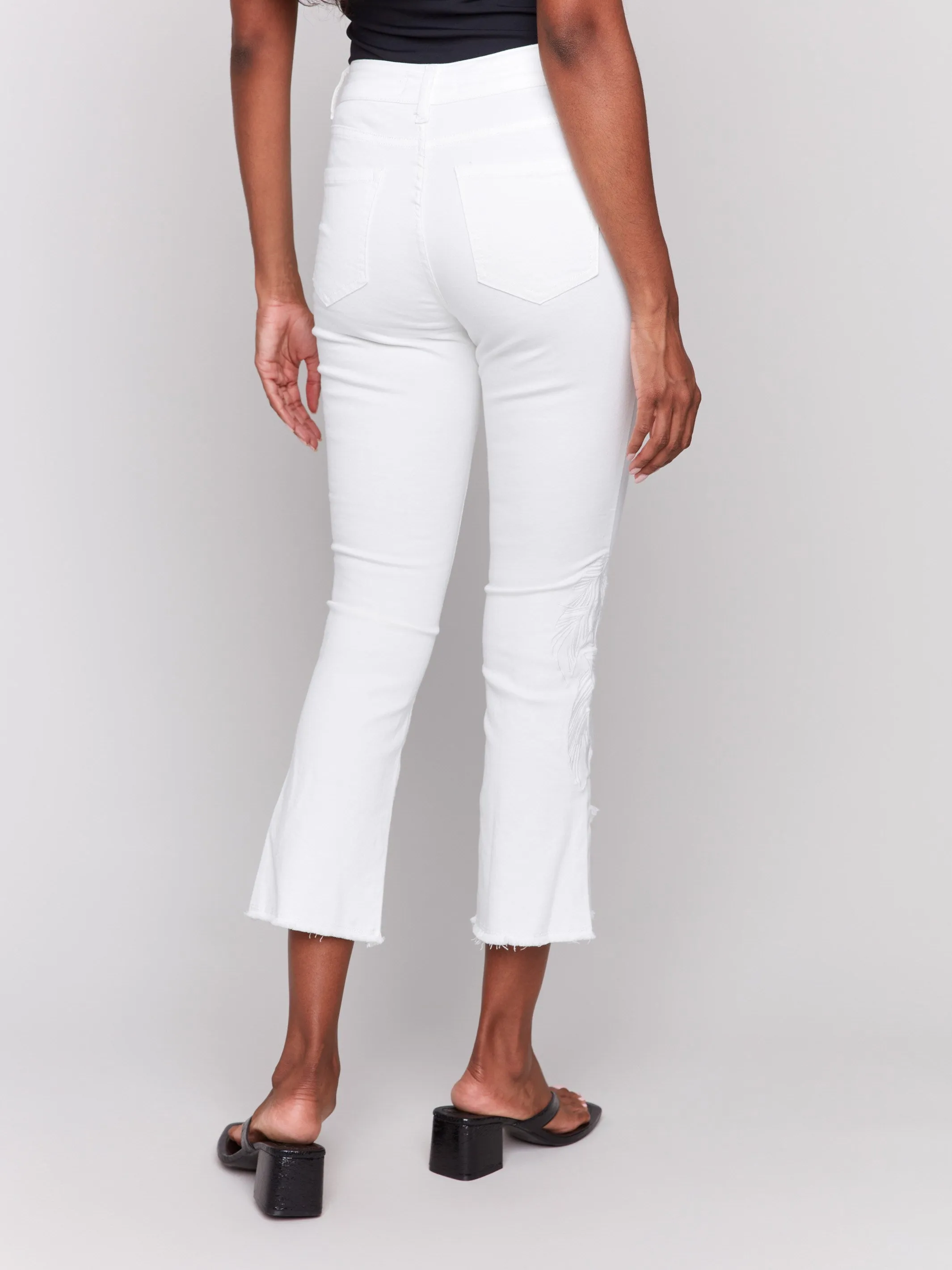 Embroidered Bootcut Twill Pants with Tulip Hem - White