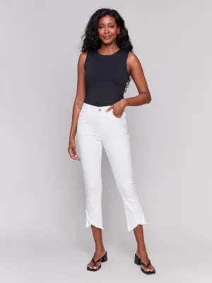 Embroidered Bootcut Twill Pants with Tulip Hem - White