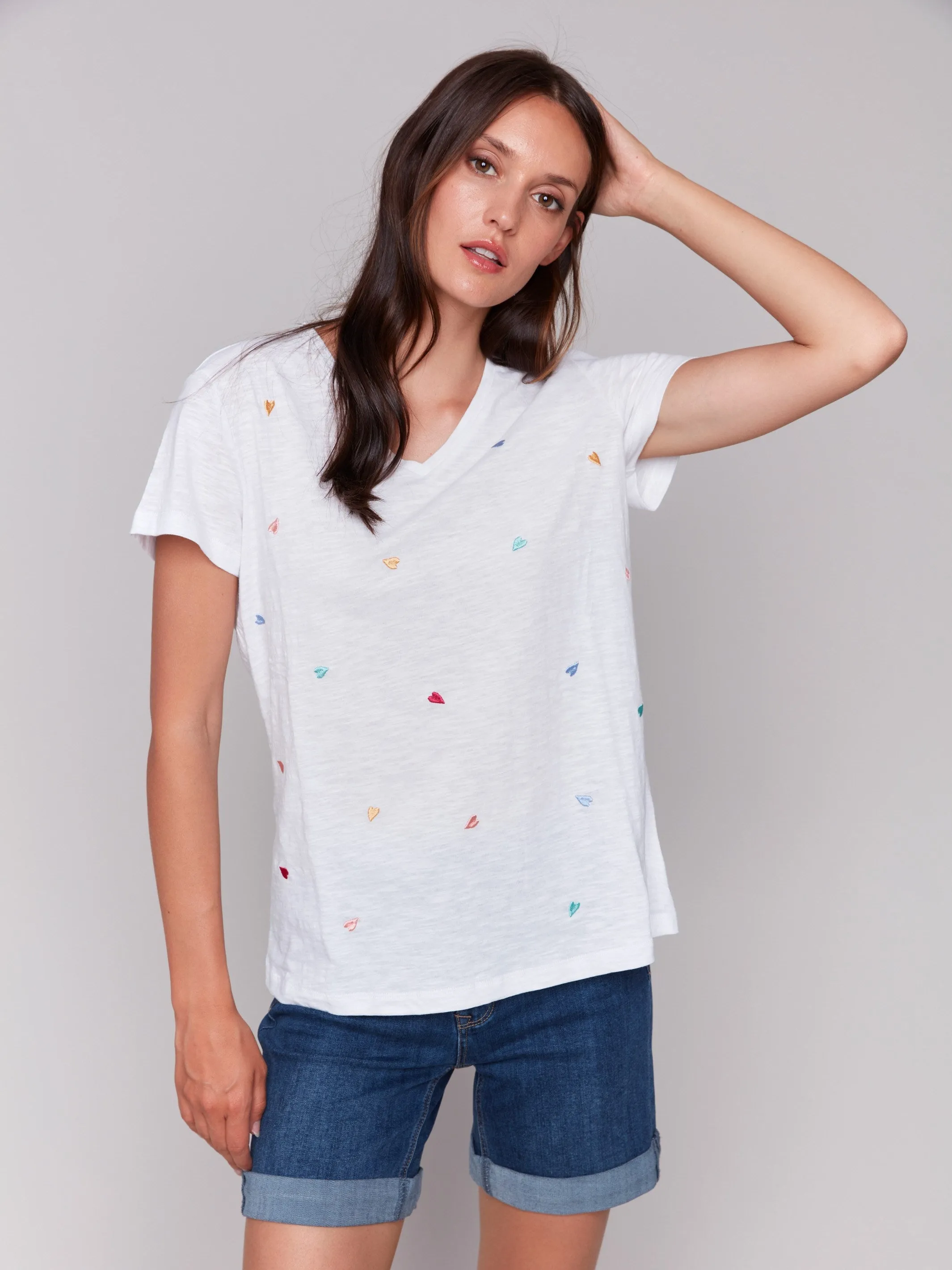 Embroidered Cotton V-Neck T-Shirt - Hearts
