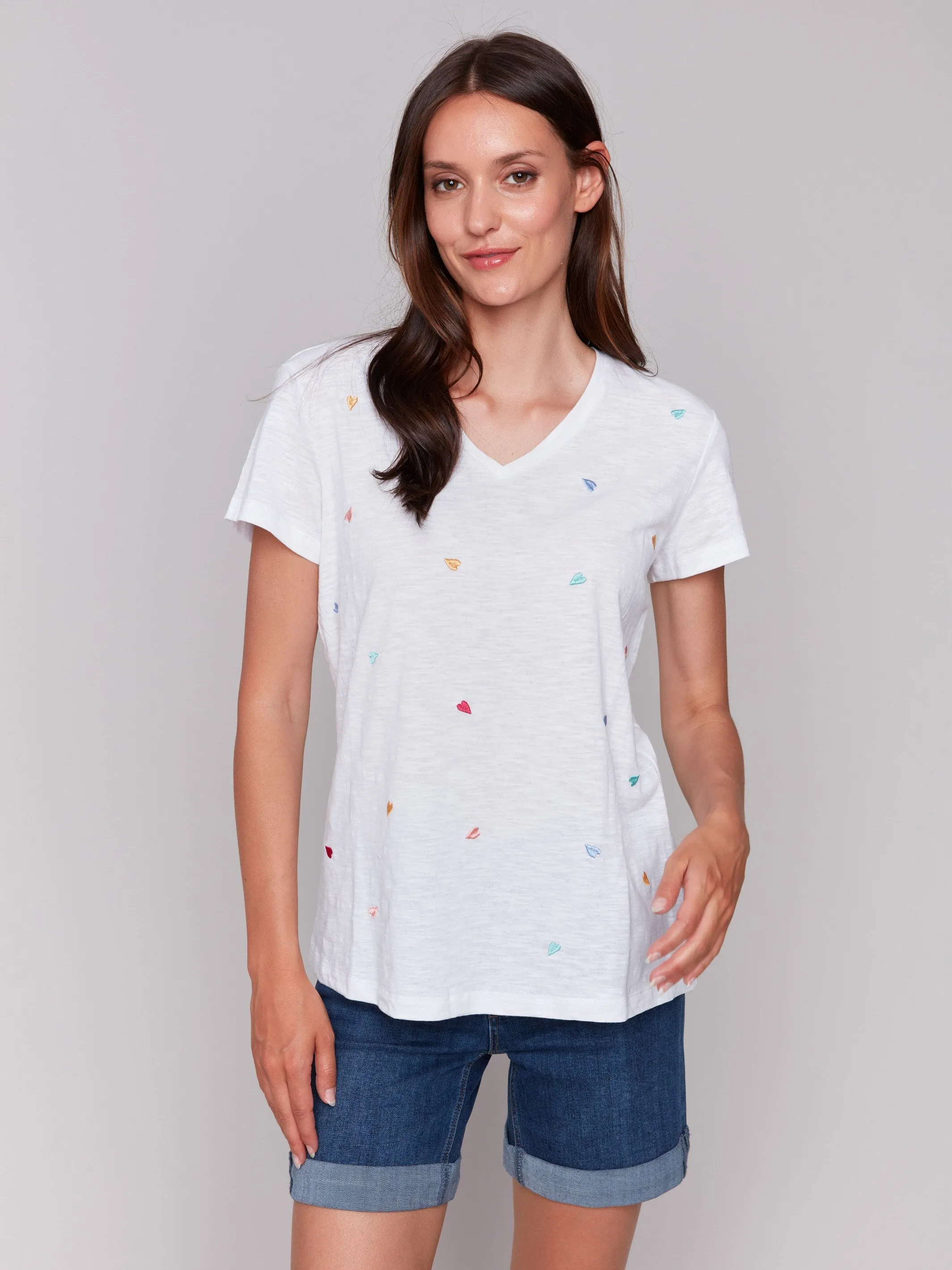 Embroidered Cotton V-Neck T-Shirt - Hearts