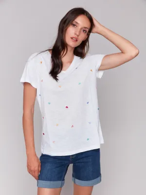Embroidered Cotton V-Neck T-Shirt - Hearts