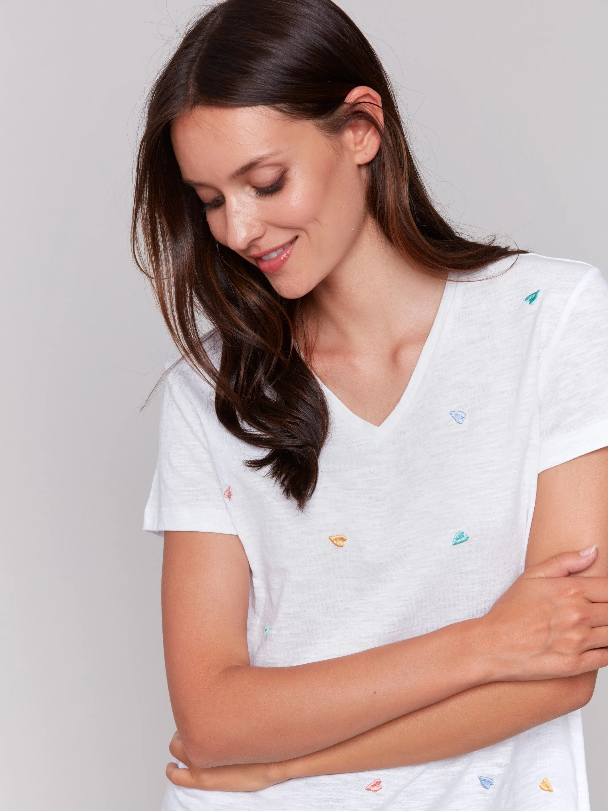 Embroidered Cotton V-Neck T-Shirt - Hearts