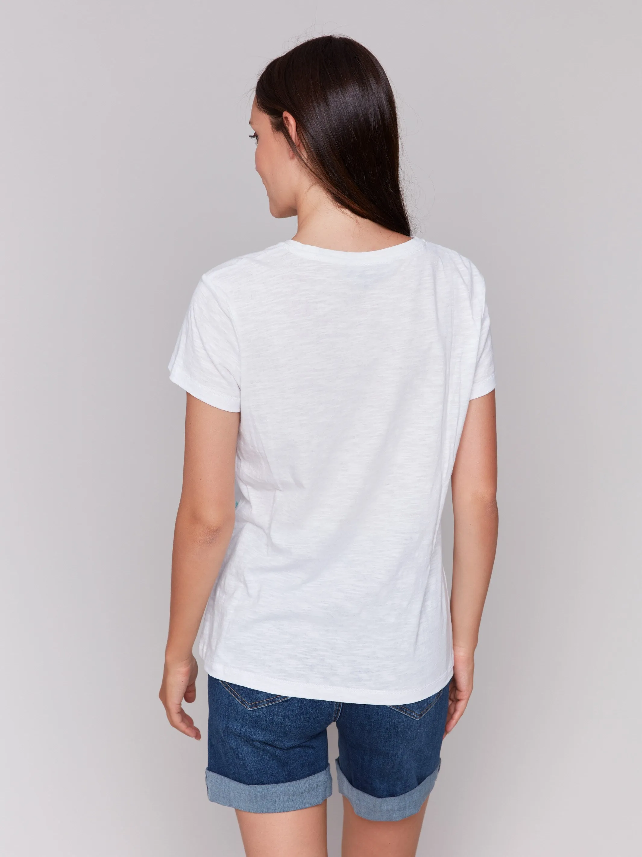 Embroidered Cotton V-Neck T-Shirt - Hearts