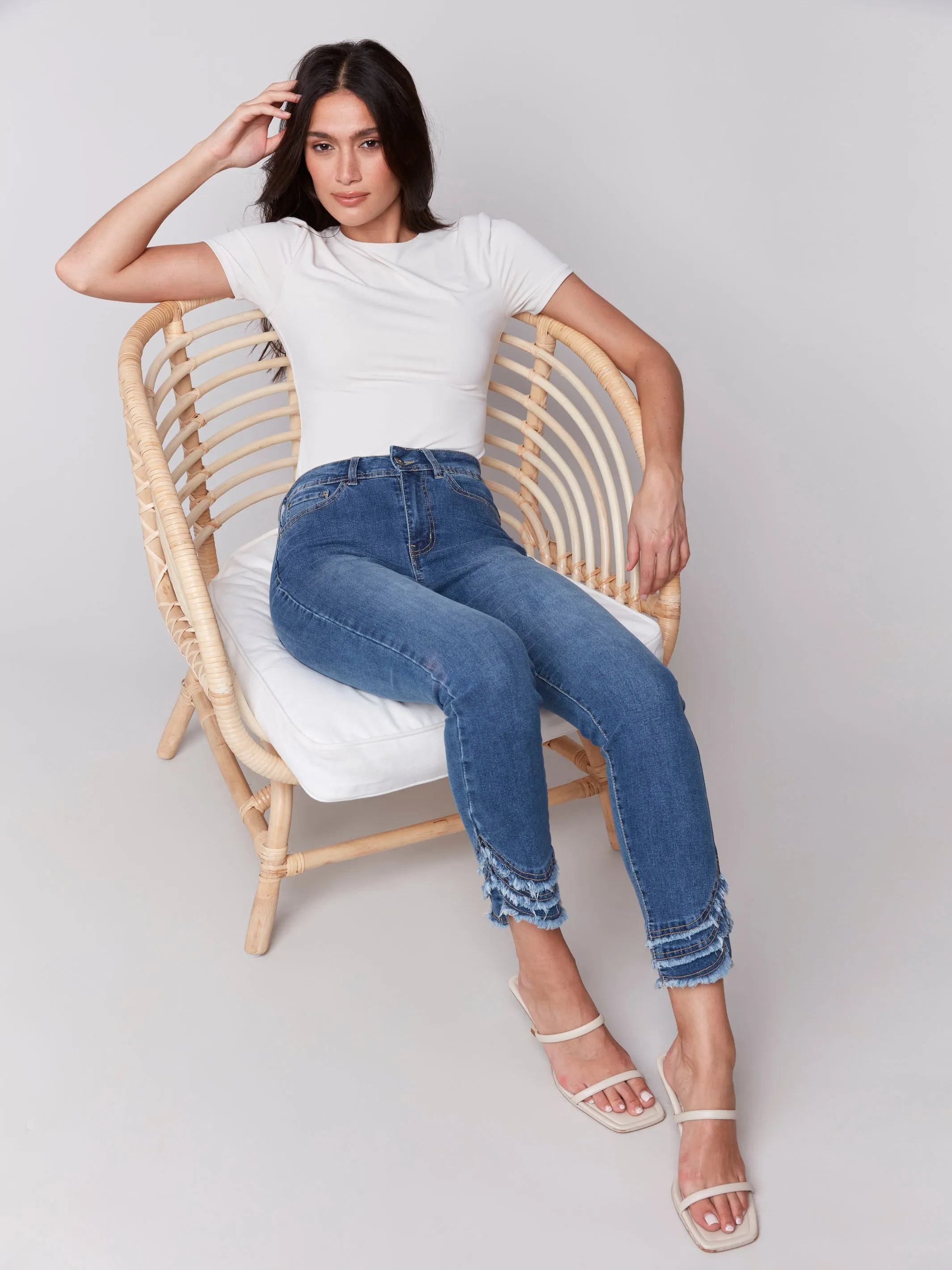 Frayed Hem Denim Pants - Medium Blue
