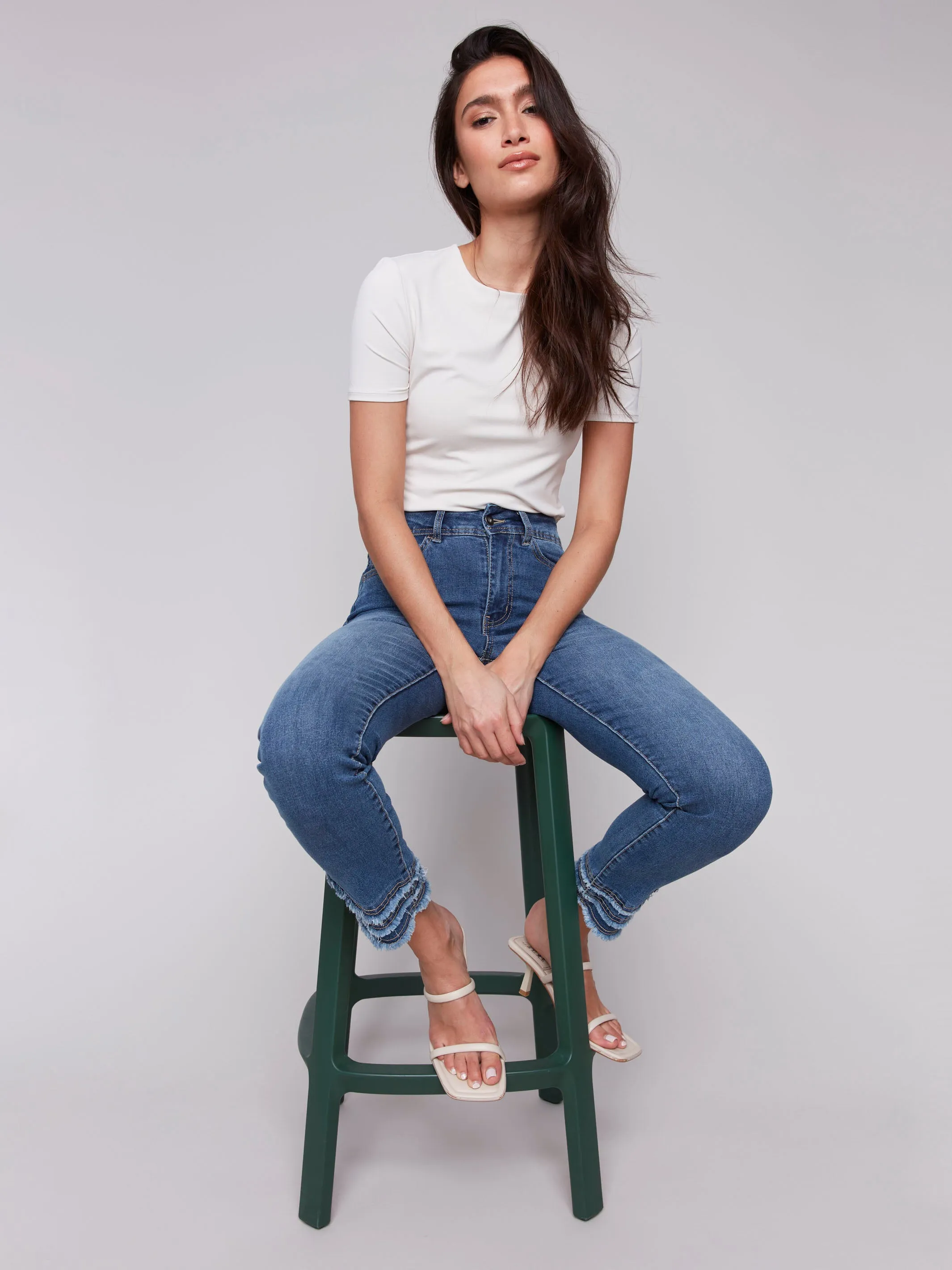 Frayed Hem Denim Pants - Medium Blue