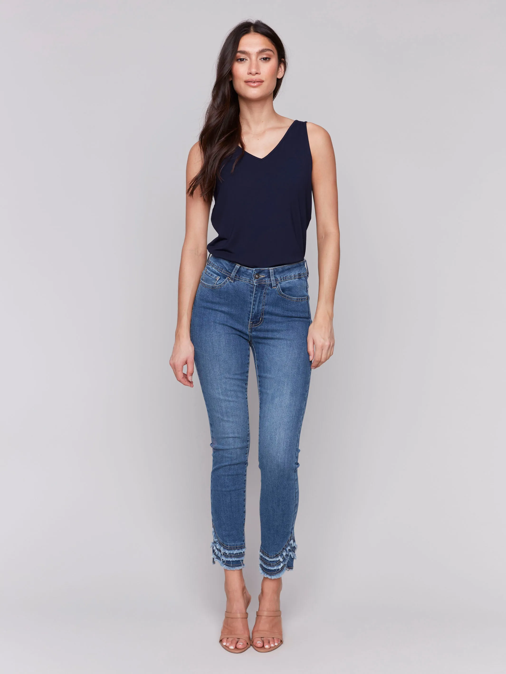Frayed Hem Denim Pants - Medium Blue