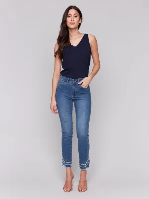 Frayed Hem Denim Pants - Medium Blue