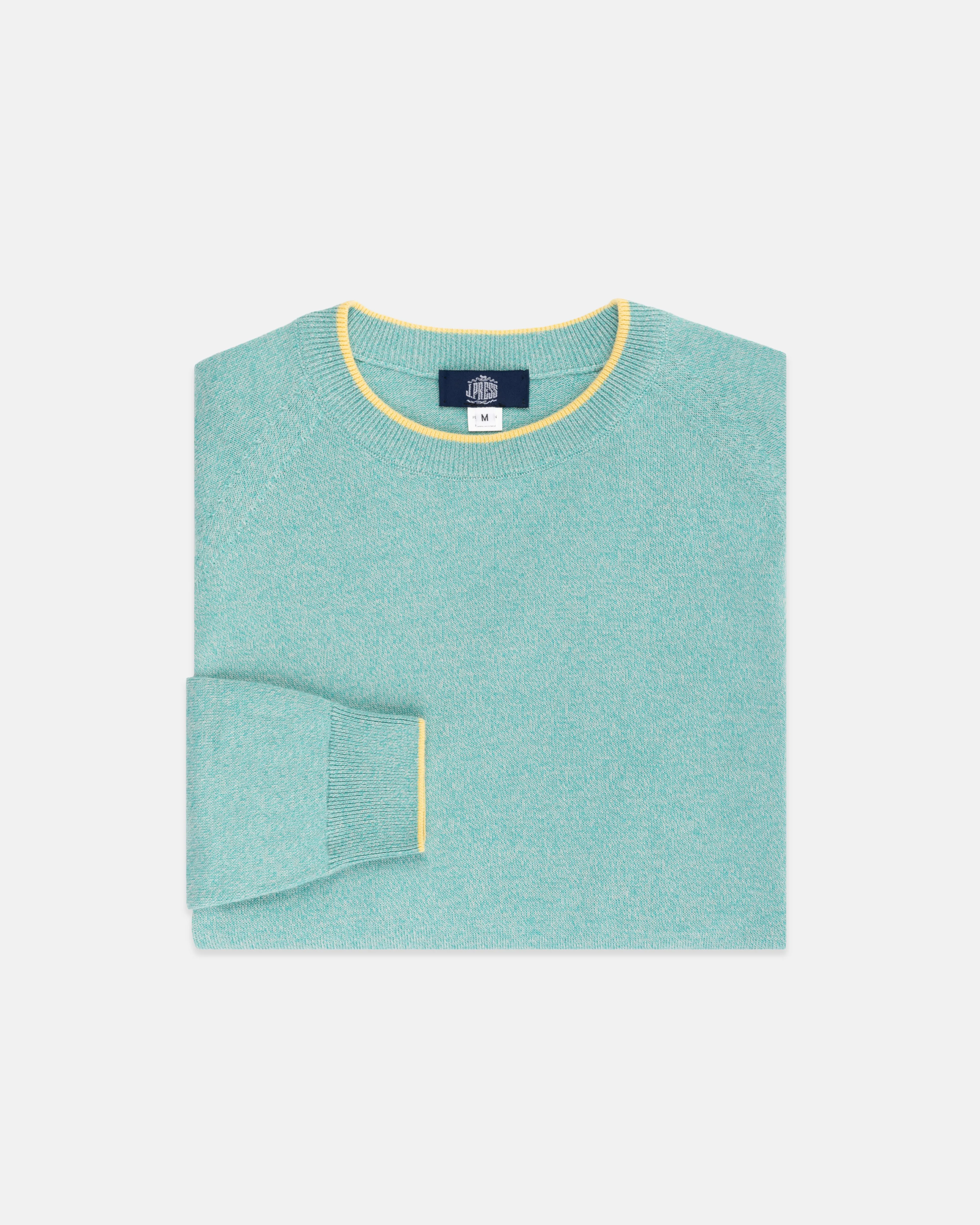 GREEN MARL COTTON CREWNECK TIPPED SWEATER