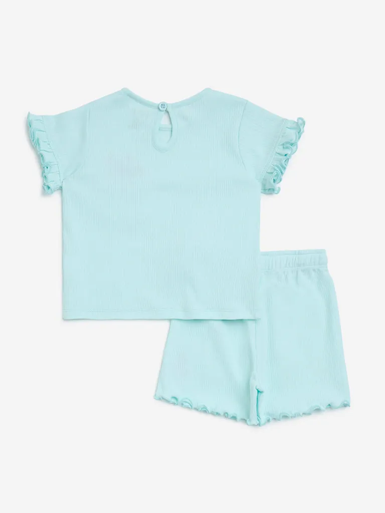 HOP Baby Turquoise Floral Design Cotton Top and Shorts Set