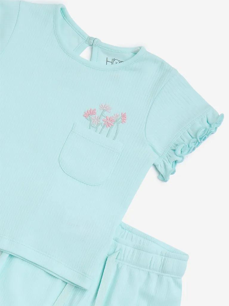 HOP Baby Turquoise Floral Design Cotton Top and Shorts Set