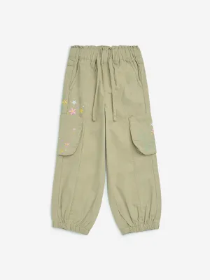 HOP Kids Beige Floral Design High-Rise Cotton Joggers