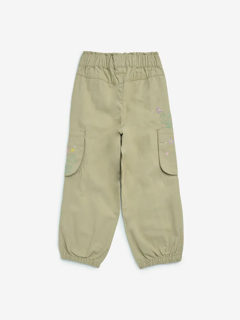 HOP Kids Beige Floral Design High-Rise Cotton Joggers