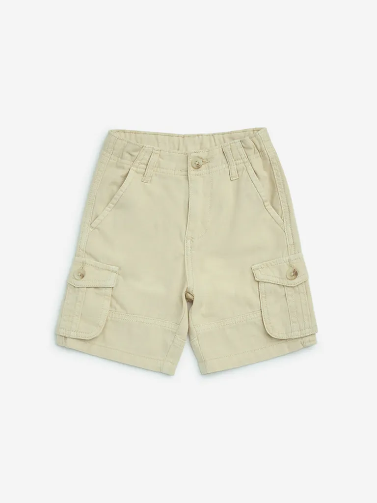 HOP Kids Light Beige Cargo-Style Mid-Rise Denim Shorts