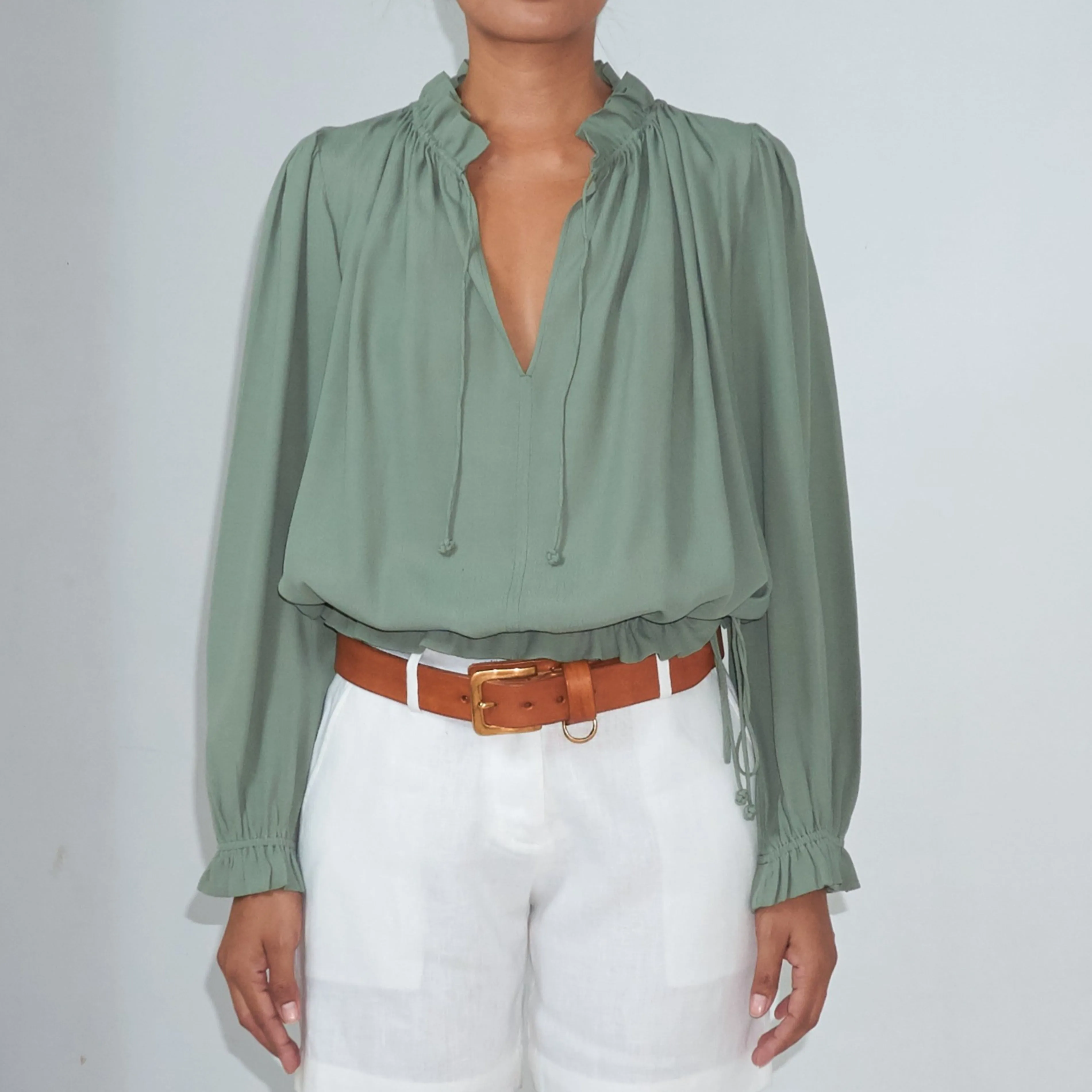 KATY BLOUSE - Rayon Fujette Crepe | Light Olive Green