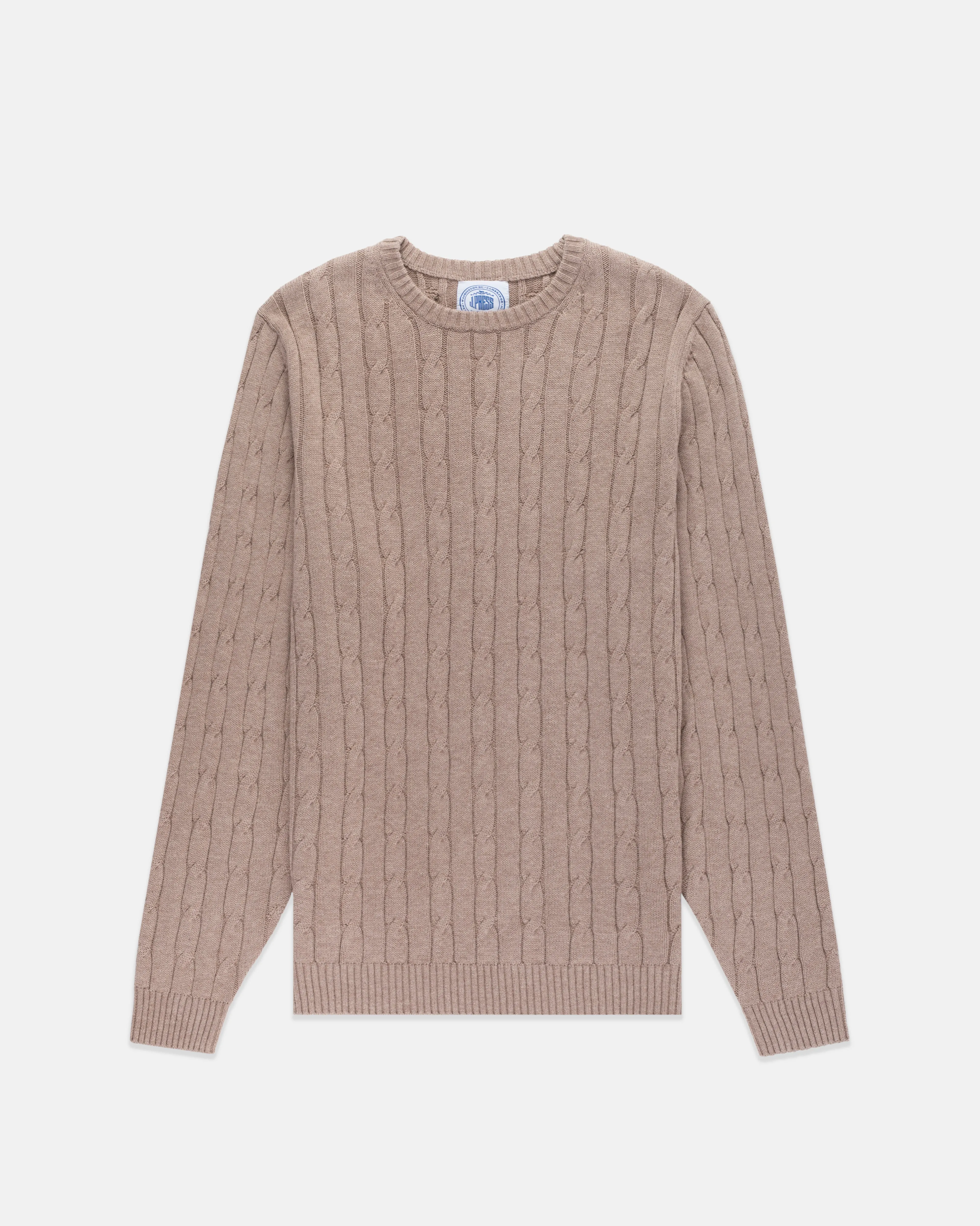 LIGHT BROWN COTTON/CASHMERE CABLE CREWNECK SWEATER
