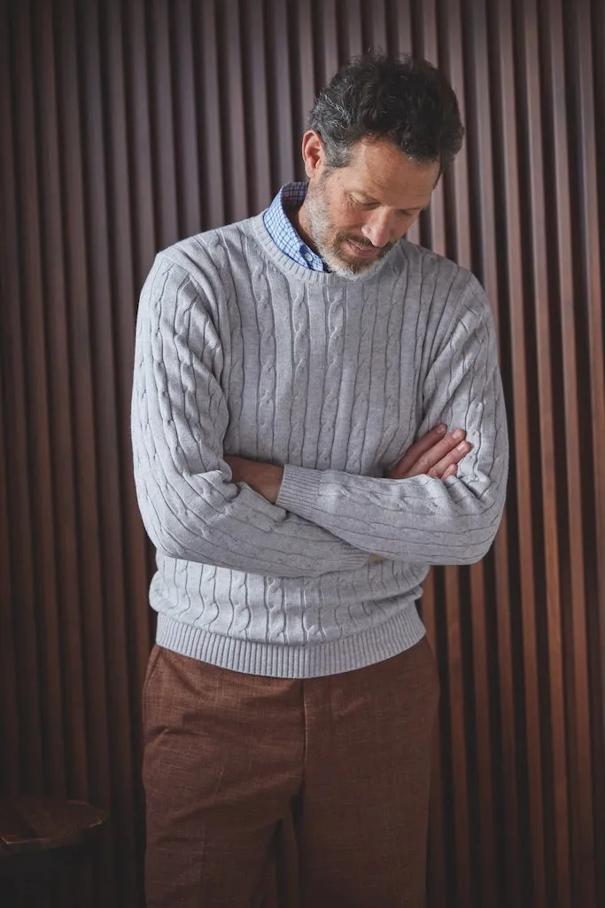 LIGHT BROWN COTTON/CASHMERE CABLE CREWNECK SWEATER