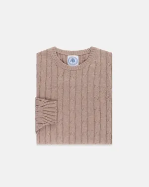 LIGHT BROWN COTTON/CASHMERE CABLE CREWNECK SWEATER