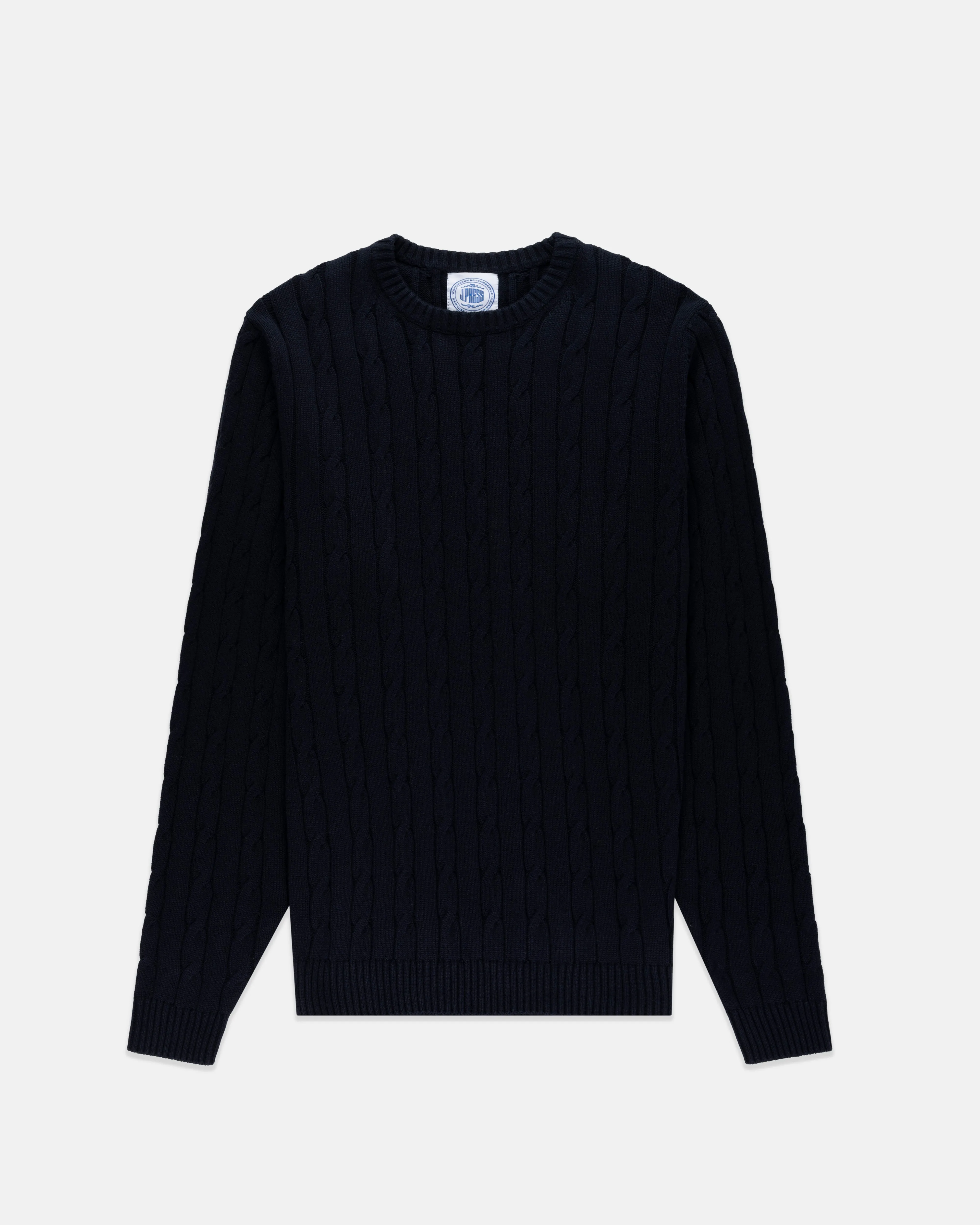 NAVY COTTON/CASHMERE CABLE CREWNECK SWEATER