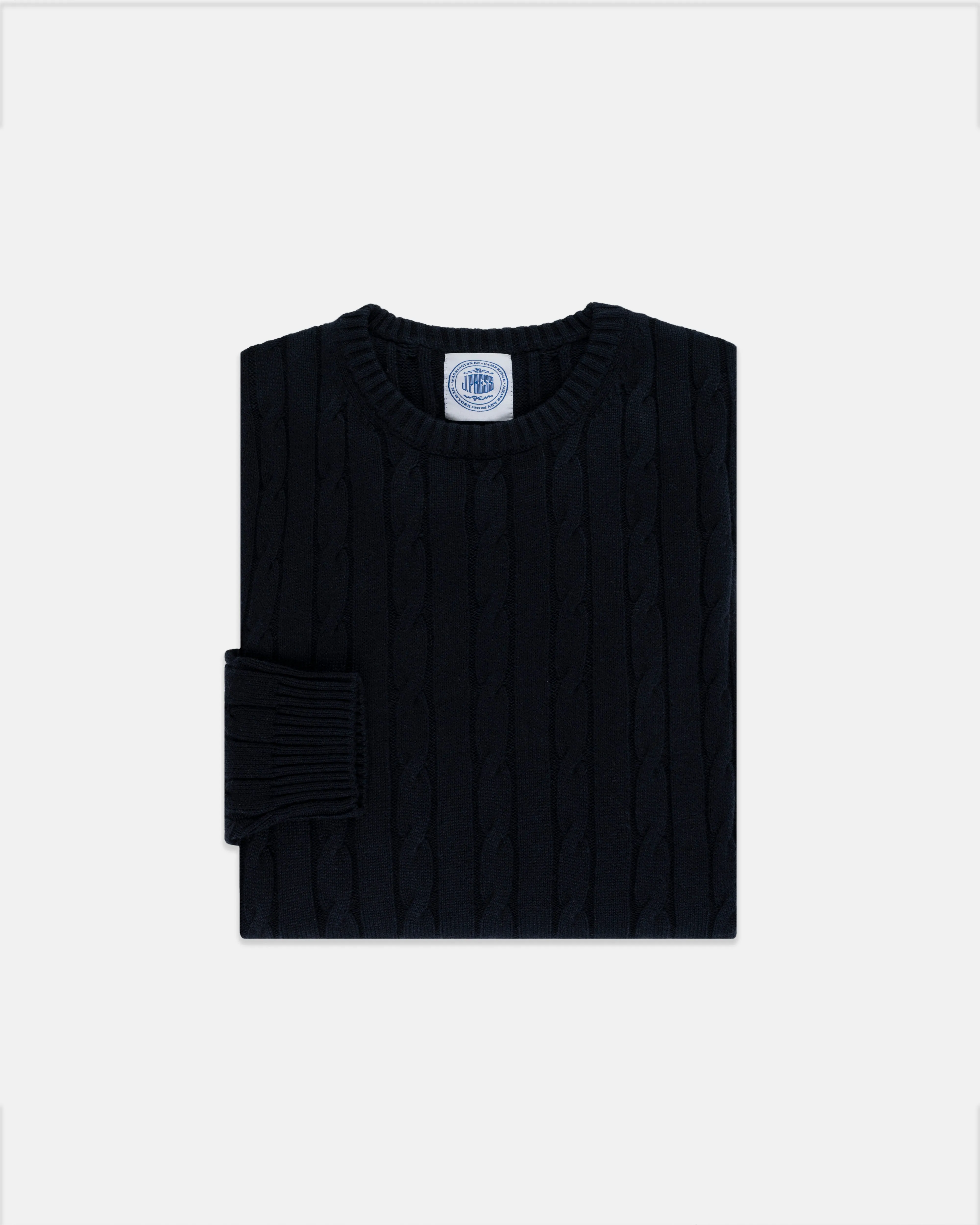 NAVY COTTON/CASHMERE CABLE CREWNECK SWEATER