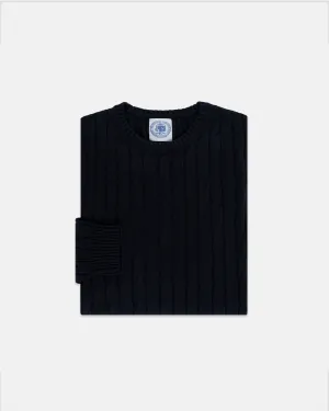 NAVY COTTON/CASHMERE CABLE CREWNECK SWEATER