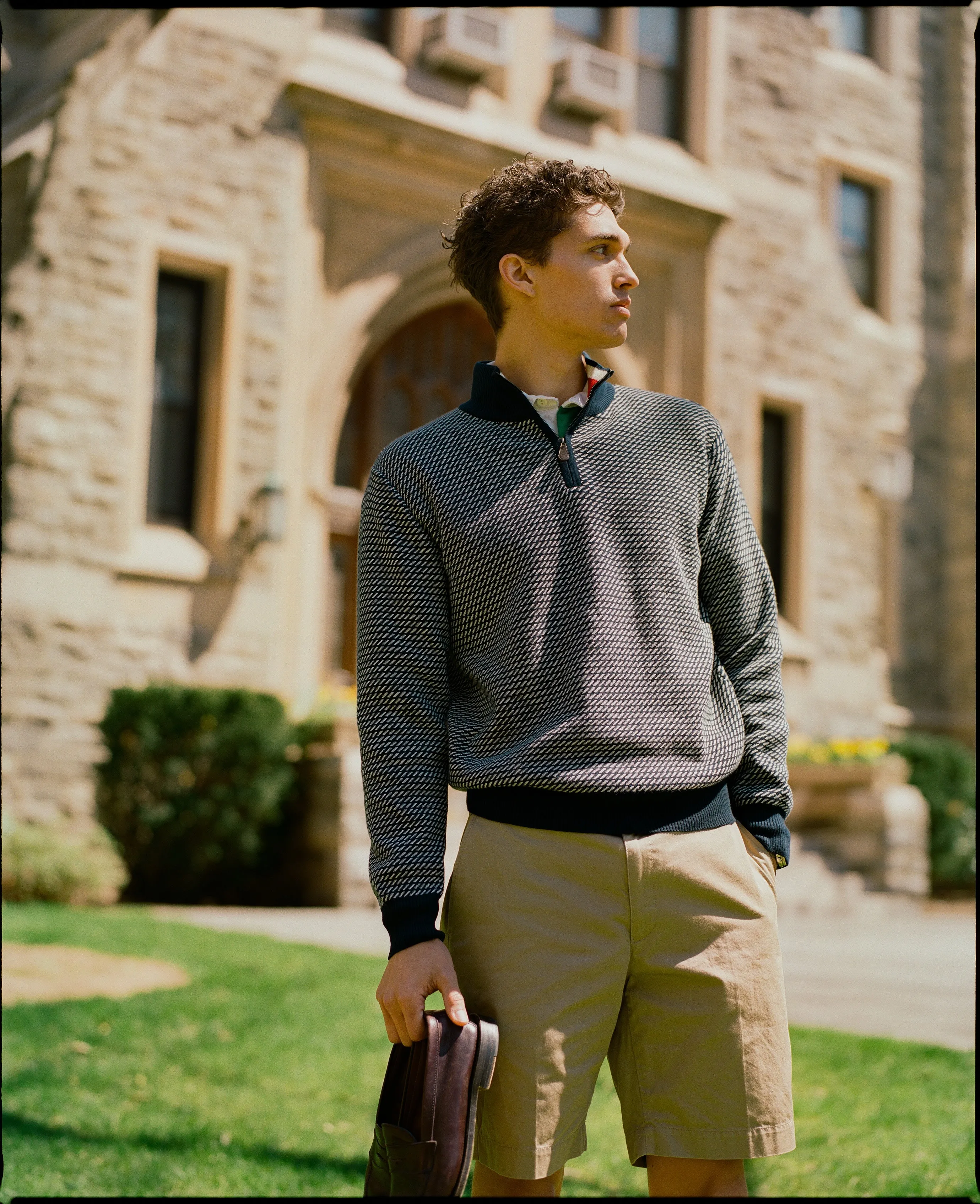 NAVY TIC PATTERN QUARTER ZIP SWEATER