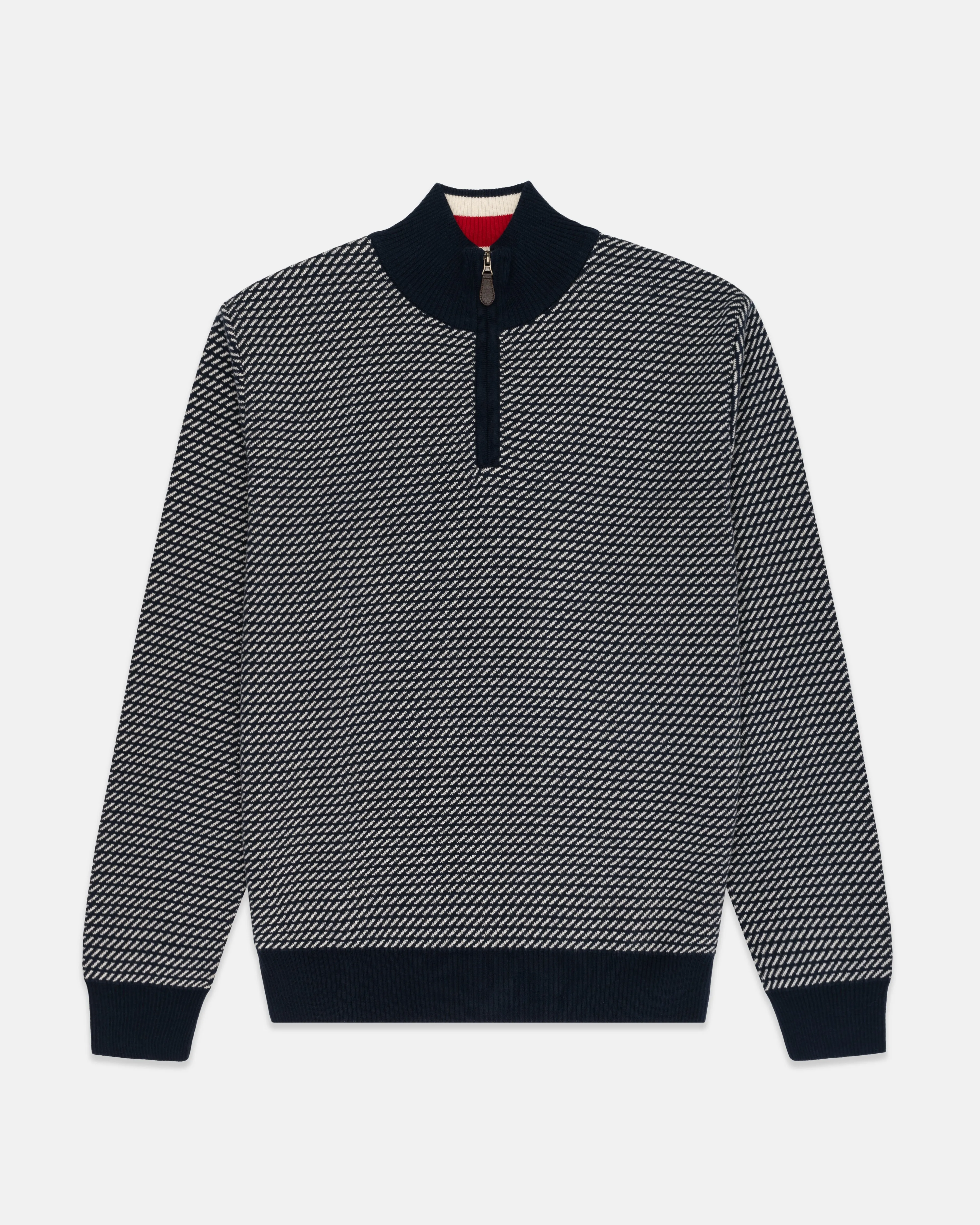 NAVY TIC PATTERN QUARTER ZIP SWEATER