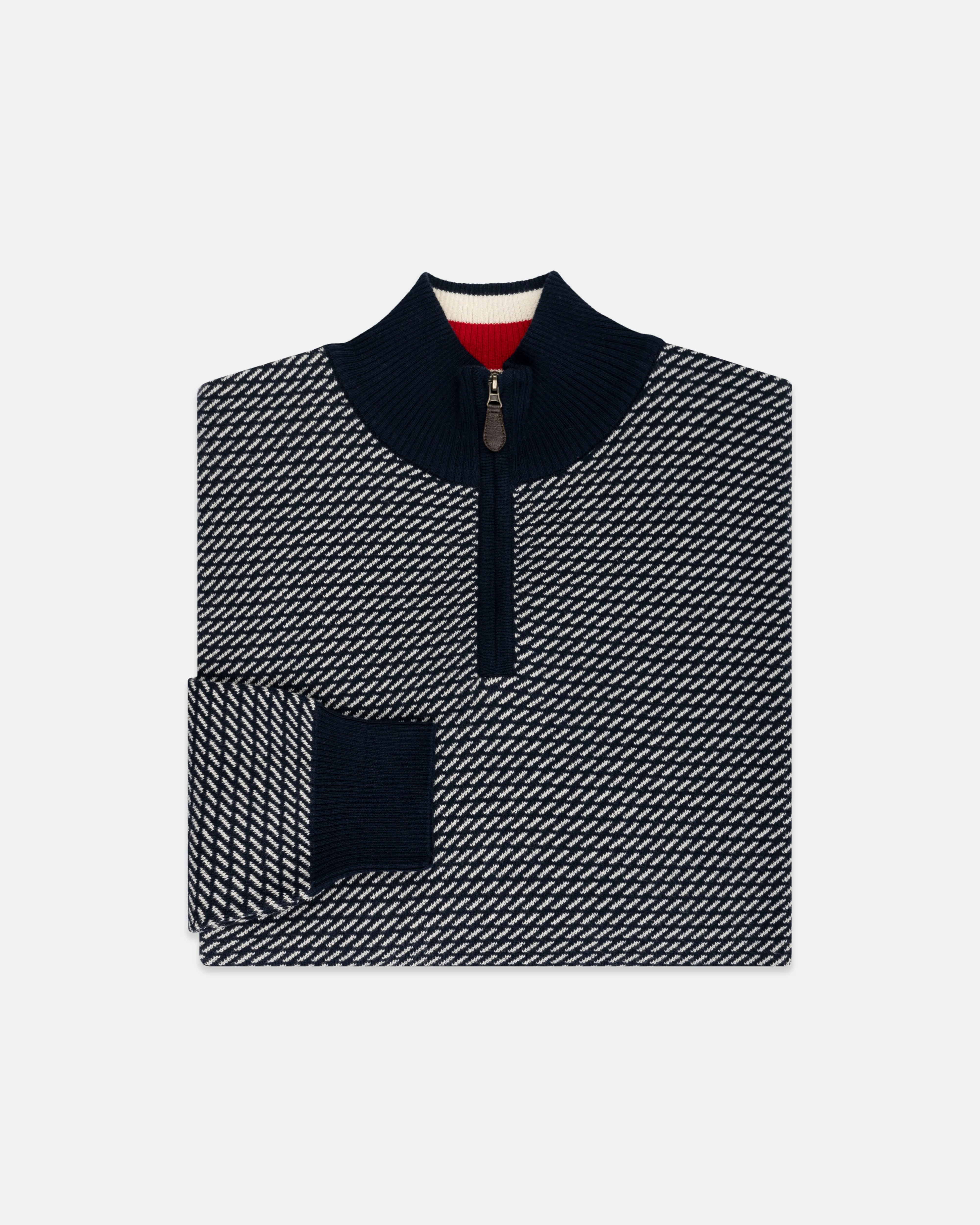 NAVY TIC PATTERN QUARTER ZIP SWEATER