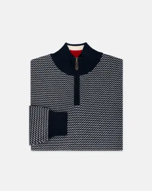 NAVY TIC PATTERN QUARTER ZIP SWEATER