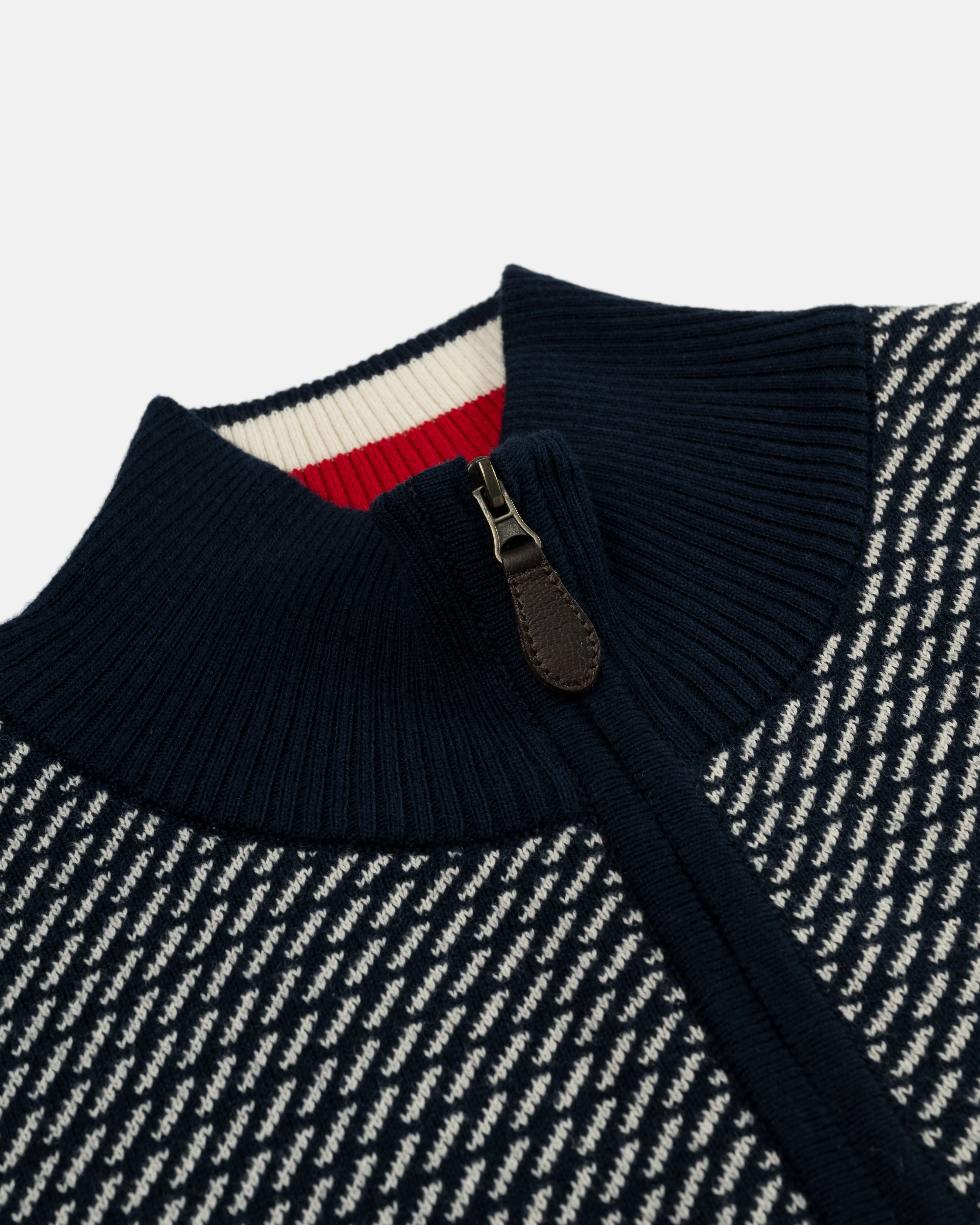 NAVY TIC PATTERN QUARTER ZIP SWEATER