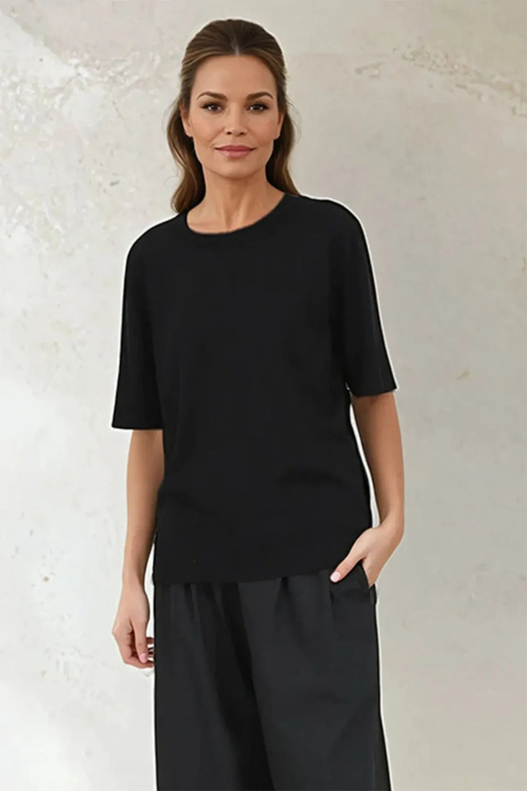 NICO TENNIS ELBOW SLEEVE CREW IN FINE GAUGE ITALIAN SILK COTTON