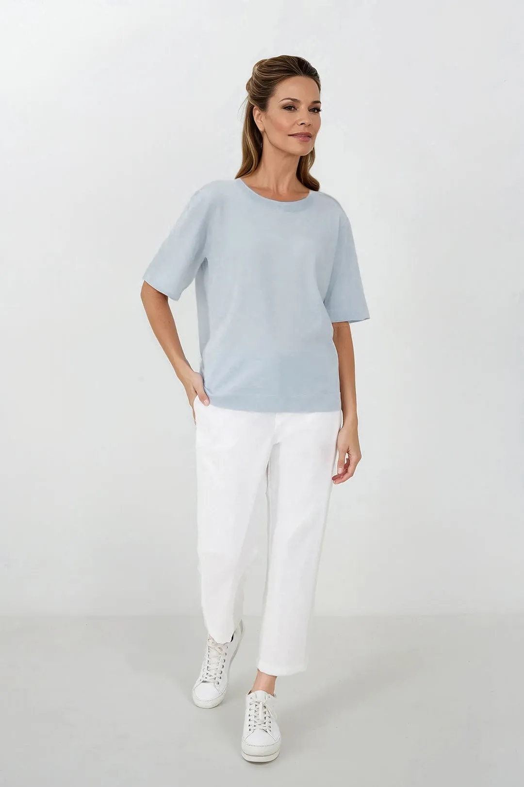 NICO TENNIS ELBOW SLEEVE CREW IN FINE GAUGE ITALIAN SILK COTTON