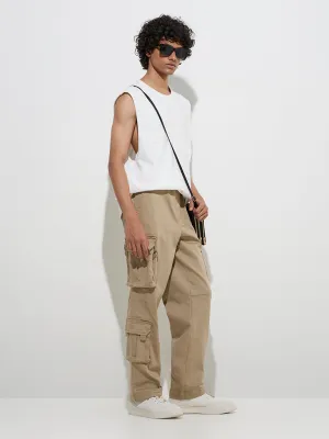 Nuon Taupe Cargo-Style Relaxed-Fit Mid-Rise Cotton Pants