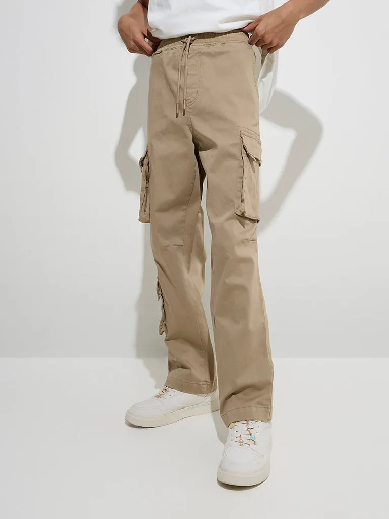 Nuon Taupe Cargo-Style Relaxed-Fit Mid-Rise Cotton Pants
