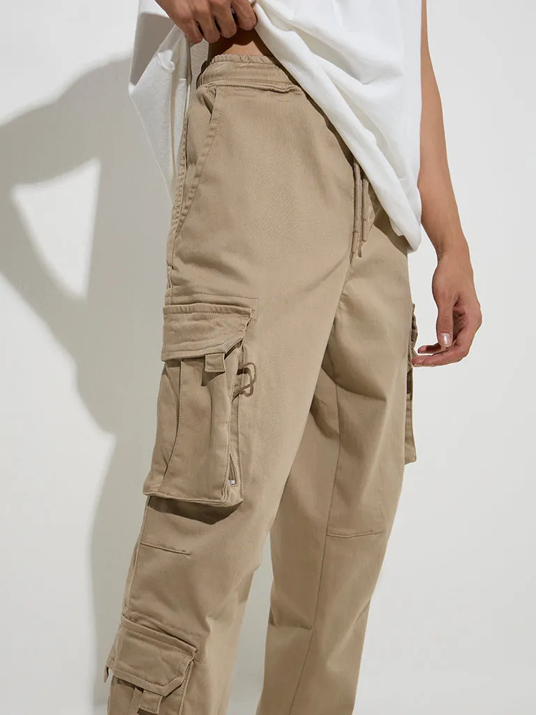 Nuon Taupe Cargo-Style Relaxed-Fit Mid-Rise Cotton Pants