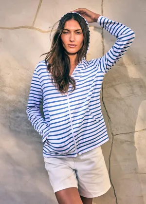 PLOUGASTEL II - Striped Hoodie Jacket in Stretch Fabric with UV Protection (WHITE / MER BLUE)