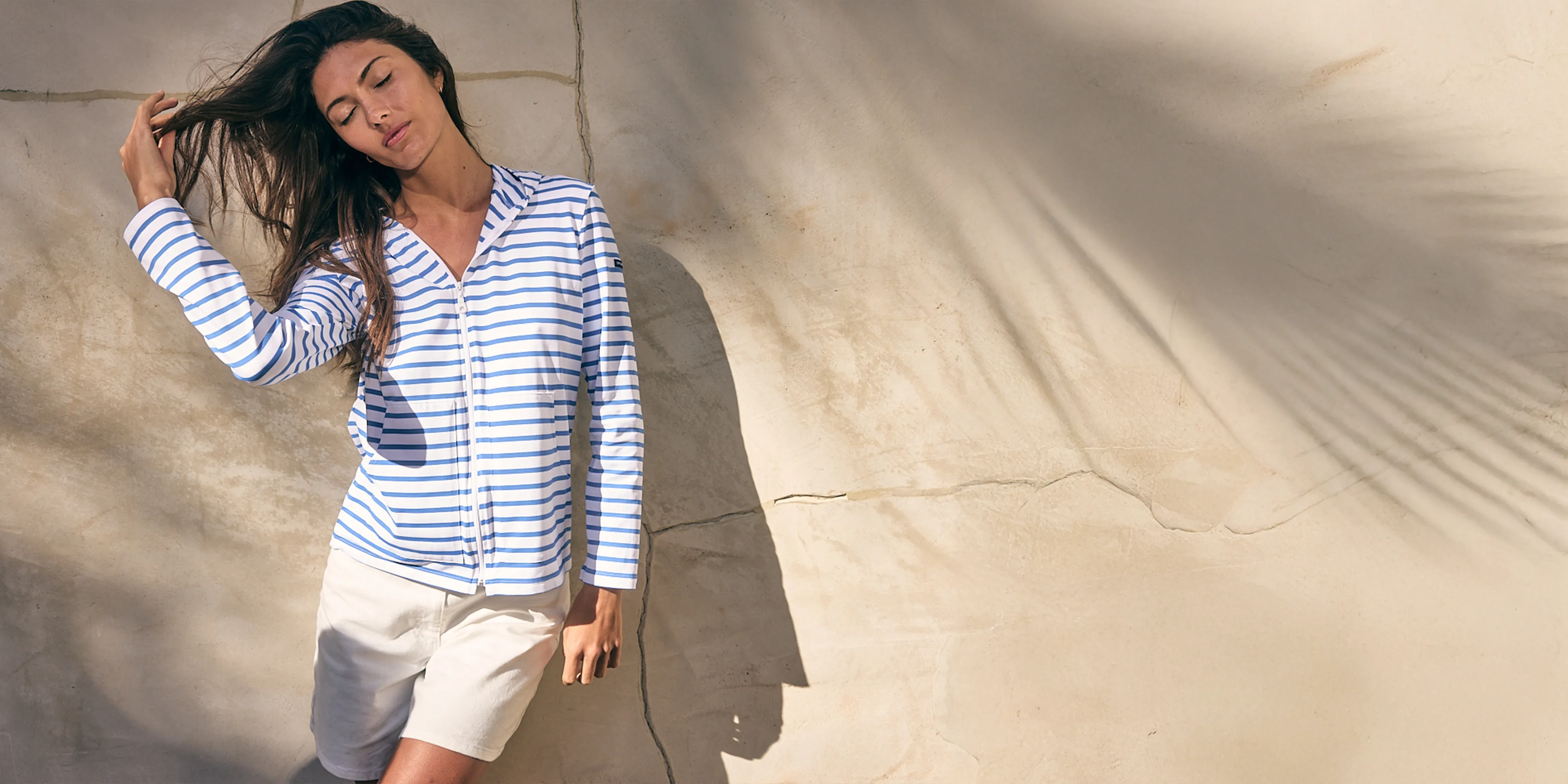 PLOUGASTEL II - Striped Hoodie Jacket in Stretch Fabric with UV Protection (WHITE / MER BLUE)