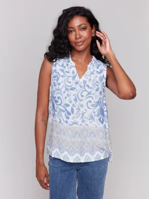 Printed Sleeveless Ruffle Neck Top - Royal